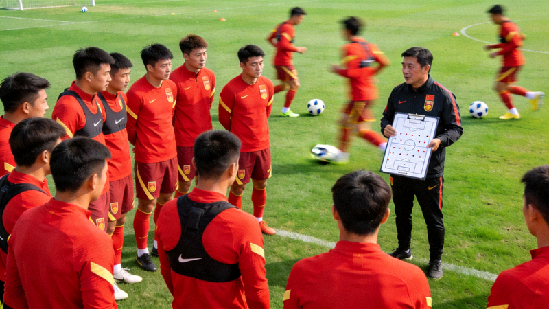 中国国家男子足球队在训练场上进行战术演练